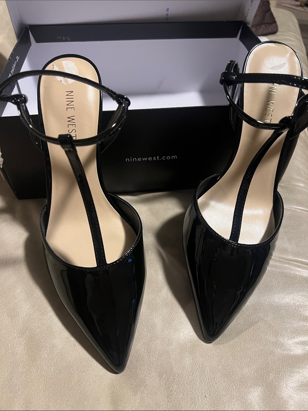 Nine West Black Patent T-Strap Pointed Toe Pumps with Ankle Buckle